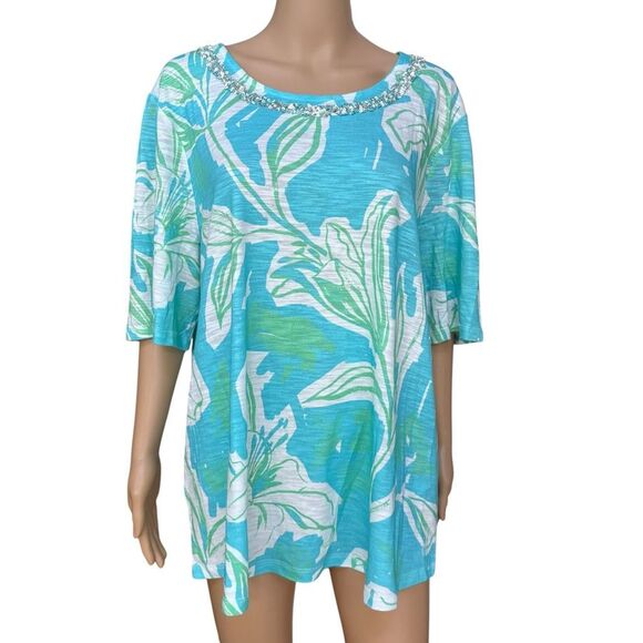 Chico’s draft floral beaded neckline elbow sleeve t-shirt sz XXL NWT - Picture 1 of 8